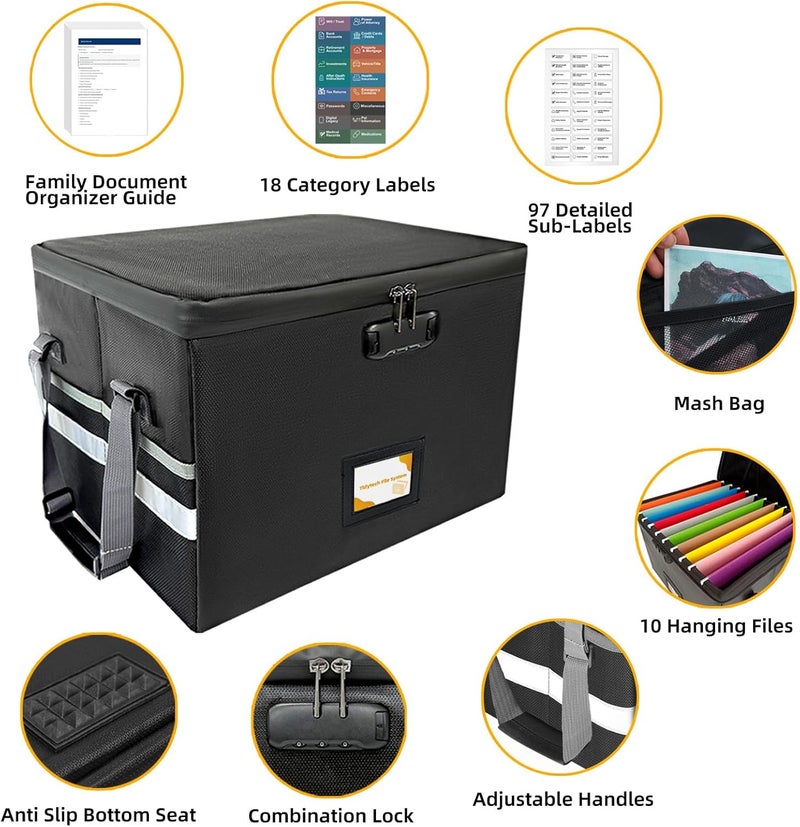 TIDY TECH Deluxe Pro Large Next of Kin Box Organizer with 50-Page Family Document Guide, Fireproof Foldable File Organizer with Combination Lock, 10 Hanging Files and 115 Category Labels (15.7"L×12.2"W×10.6"H) - Image 3